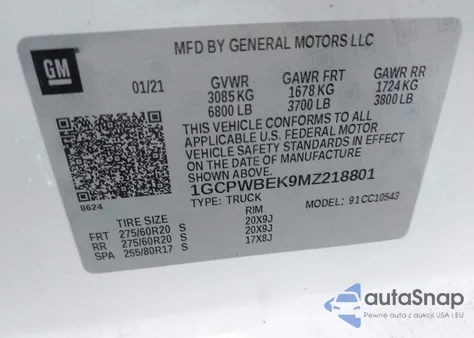 2021 Chevrolet Silverado 1500 2Wd Short Bed Custom z USA, uszkodzony, nr VIN 1GCPWBEK9MZ218801